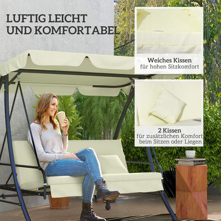 Outsuuny Balancelle Hollywood 2 en 1 avec fonction inclinable, balancelle de jardin 3 places avec pare-soleil réglable, banc de balançoire charge jusqu'à 240 kg, chaise longue de jardin pour jardin, terrasse, 200x125x170 cm, blanc crème Aosom