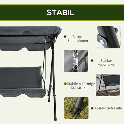 3-seat garden swing with cushion, adjustable canopy