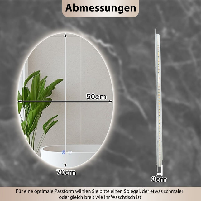 Ovaler Badspiegel 70x50 cm, LED, Antibeschlag, Dimmbar