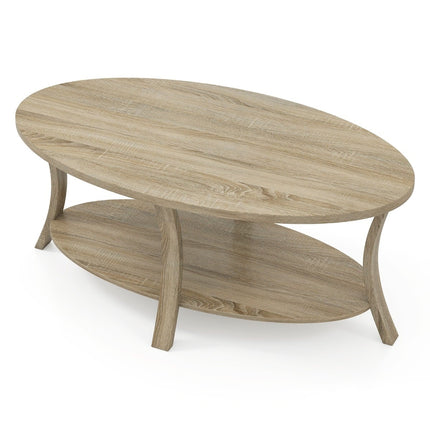 Ovaler Couchtisch mit Ablage, 2-stöckiges Gummibaumholz-Design