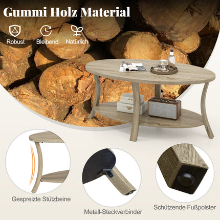 Ovaler Couchtisch mit Ablage, 2-stöckiges Gummibaumholz-Design