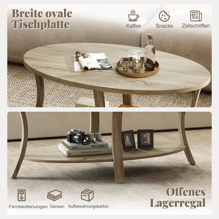 Ovaler Couchtisch mit Ablage, 2-stöckiges Gummibaumholz-Design