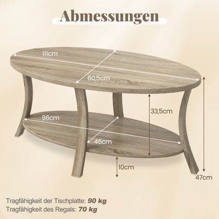 Ovaler Couchtisch mit Ablage, 2-stöckiges Gummibaumholz-Design