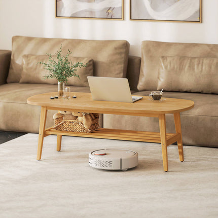 Oval Coffee Table with Shelf, Natural Wood, 120x60x42 cm