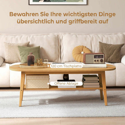 Oval Coffee Table with Shelf, Natural Wood, 120x60x42 cm