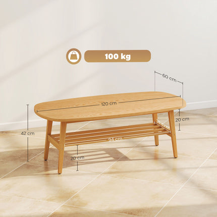 Oval Coffee Table with Shelf, Natural Wood, 120x60x42 cm