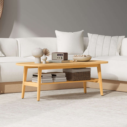 Oval Coffee Table with Shelf, Natural Wood, 120x60x42 cm