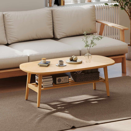 Oval Coffee Table with Shelf, Natural Wood, 120x60x42 cm