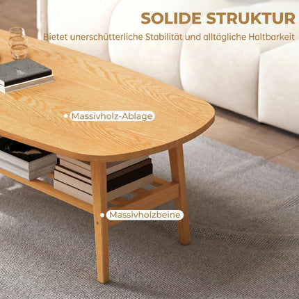 Oval Coffee Table with Shelf, Natural Wood, 120x60x42 cm