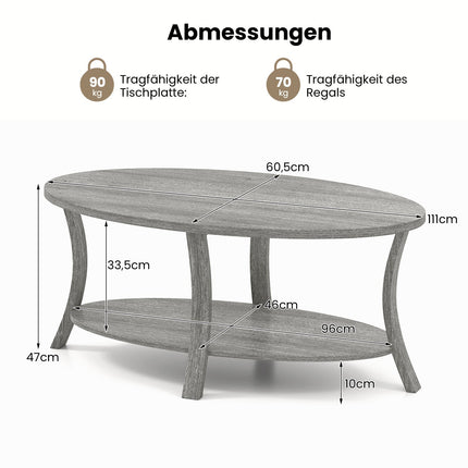 Ovaler Couchtisch mit Ablage, Kautschukholz, 2-stufig, Grau