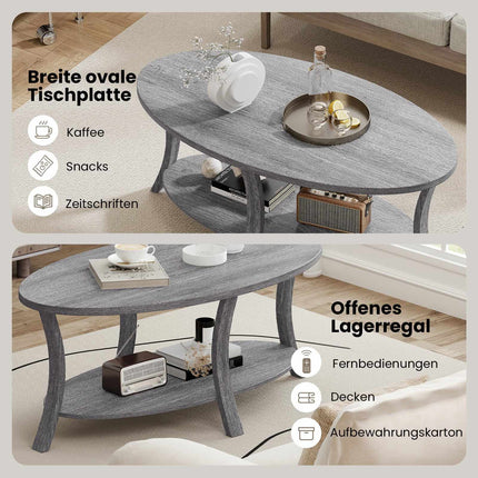 Ovaler Couchtisch mit Ablage, Kautschukholz, 2-stufig, Grau