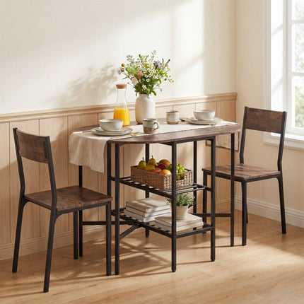 Oval Folding Dining Table with Shelves, Metal Frame, Brown
