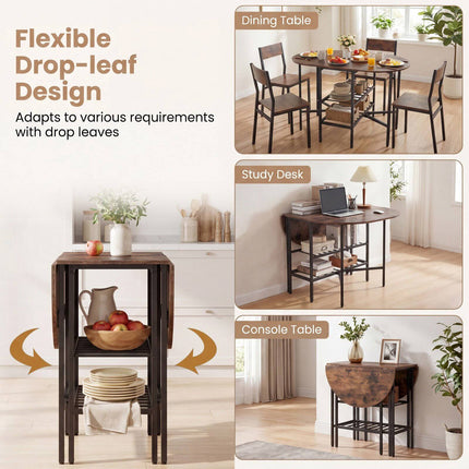 Oval Folding Dining Table with Shelves, Metal Frame, Brown