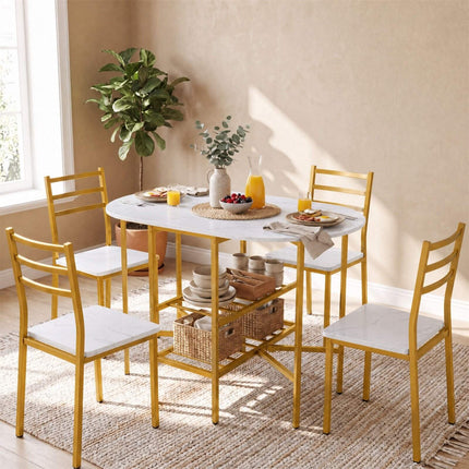 Oval Folding Table with Shelves, Metal Frame, White