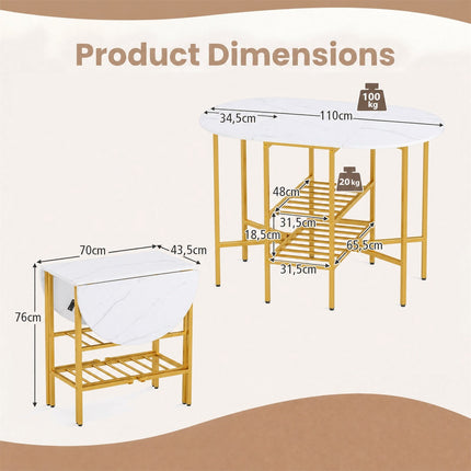 Oval Folding Table with Shelves, Metal Frame, White