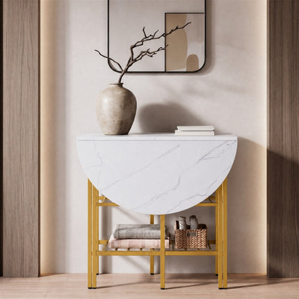 Oval Folding Table with Shelves, Metal Frame, White