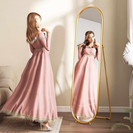 Oval Full-Length Mirror, Freestanding Metal Frame, Gold, 50x180cm