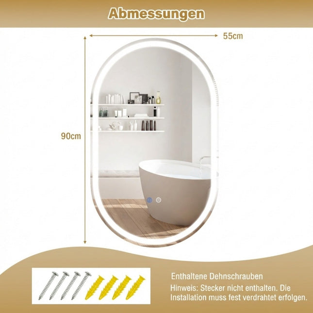 Oval LED Bathroom Mirror, 90x55 cm, Anti-Fog, Dimmable