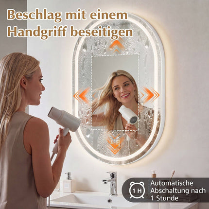 Ovale LED-badkamerspiegel met anticondenslaag en verstelbare verlichting