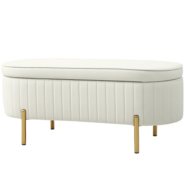 Ovale Aufbewahrungsbank mit Goldbeinen, Samtbezug, Creme