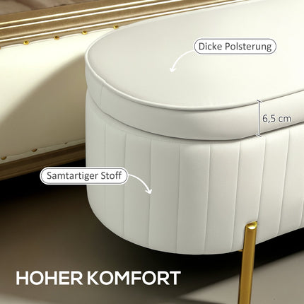 Ovale Aufbewahrungsbank mit Goldbeinen, Samtbezug, Creme