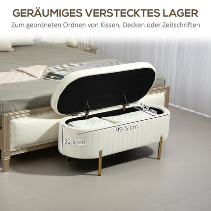 Ovale Aufbewahrungsbank mit Goldbeinen, Samtbezug, Creme