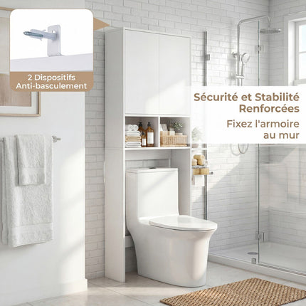 WC-Überbau, Badezimmerschrank mit 2 Türen und 2 Regalen, Weiß