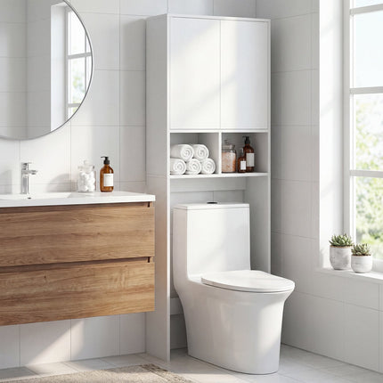 WC-Überbau, Badezimmerschrank mit 2 Türen und 2 Regalen, Weiß