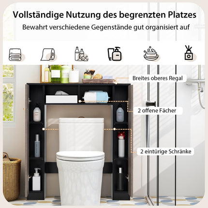 Badezimmerregal über der Toilette mit Doppeltüren, Schwarz