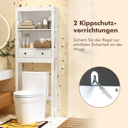 Regal für die Toilette, 3 Etagen, 2 Schubladen, weißes MDF