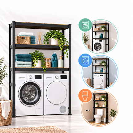 Over-Washer Rack, Heavy-Duty Industrial Design – Black/Brown, Adjustable Shelves