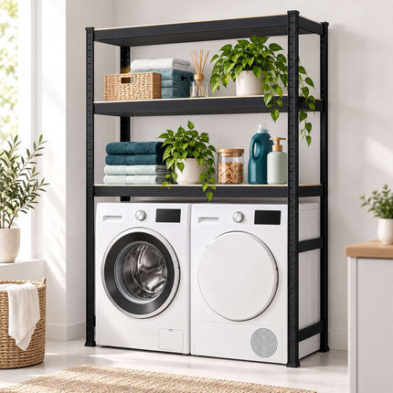 Over-Washer Rack, Heavy-Duty Industrial Design – Black/Brown, Adjustable Shelves