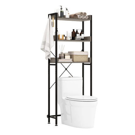 Toilettenregal, 3 Ablagen, Haken, verstellbare Stange