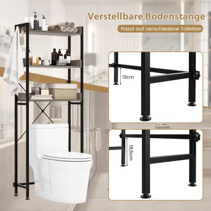 Toilettenregal, 3 Ablagen, Haken, verstellbare Stange
