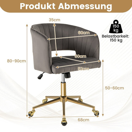 Chaise PC en velours, chaise pivotante moderne avec dossier rembourré + assise grise