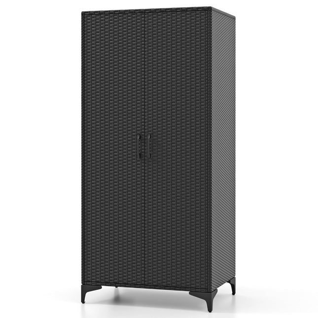 Armoire en rotin PE avec 2 portes, tringle à vêtements et penderie à 4 compartiments noire