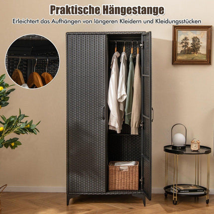 PE-Rattan Kleiderschrank mit 2 Türen &amp; Kleiderstange &amp; 4 Fächer Kleiderschrank schwarz