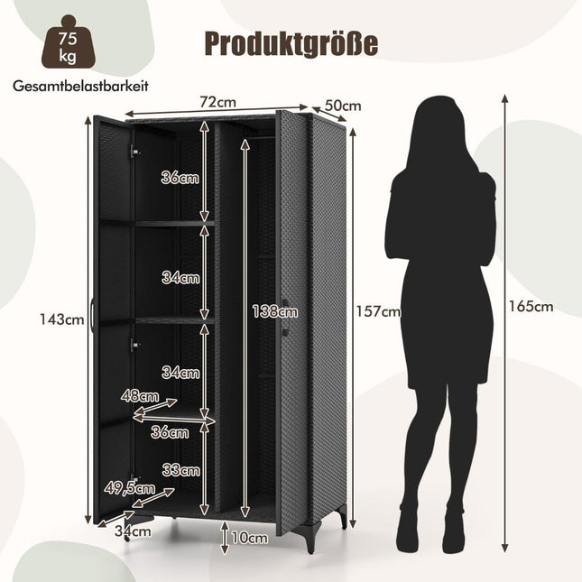 Armoire en rotin PE avec 2 portes, tringle à vêtements et penderie à 4 compartiments noire