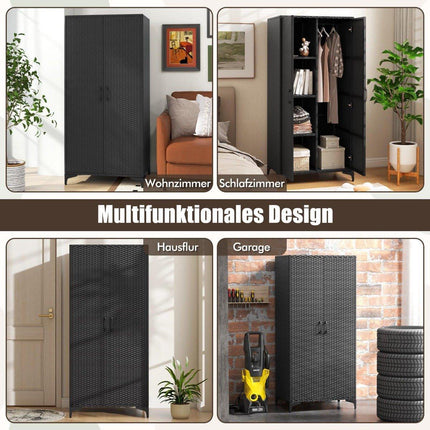 PE-Rattan Kleiderschrank mit 2 Türen &amp; Kleiderstange &amp; 4 Fächer Kleiderschrank schwarz