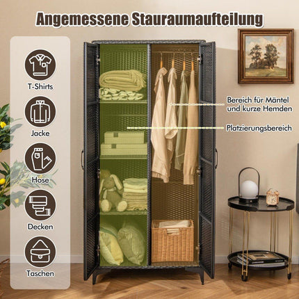 PE-Rattan Kleiderschrank mit 2 Türen &amp; Kleiderstange &amp; 4 Fächer Kleiderschrank schwarz