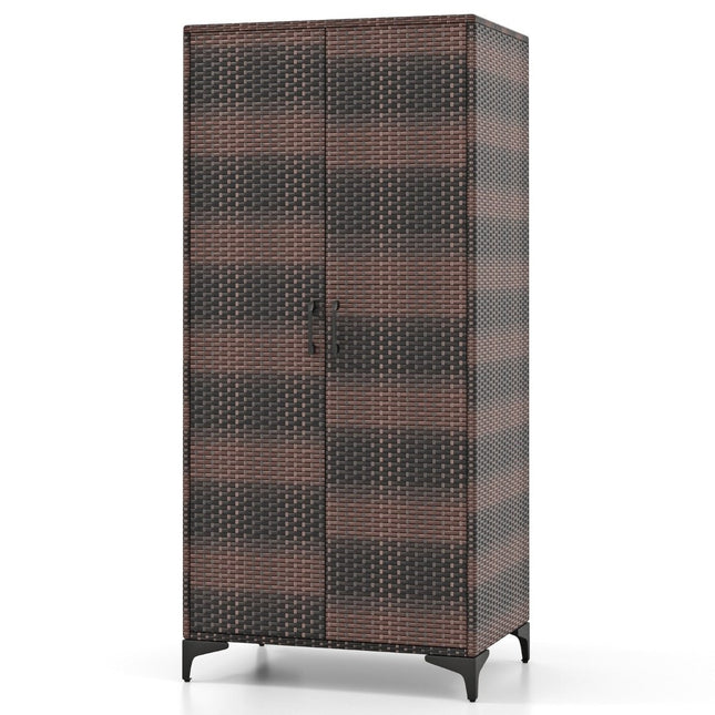 Armoire en rotin PE avec 2 portes, tringle à vêtements et penderie à 4 compartiments marron