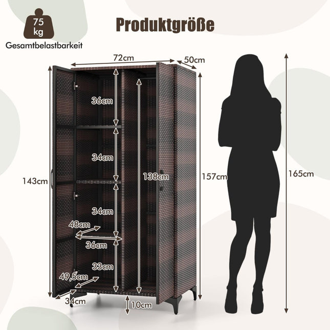 Armoire en rotin PE avec 2 portes, tringle à vêtements et penderie à 4 compartiments marron