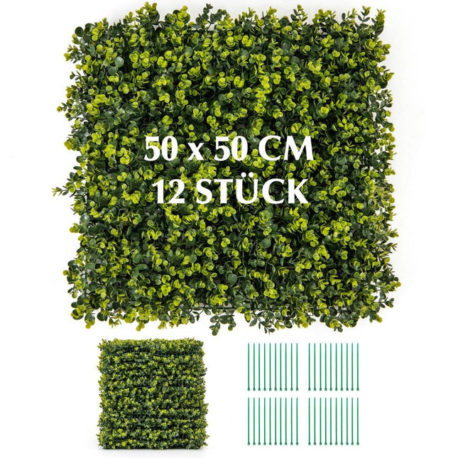 12 Stück 50 x 50 cm Kunsthecke Buchsbaumplatten mit 7 cm Stärke und gewellter Oberfläche