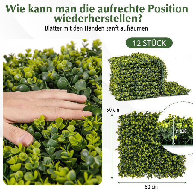 12 Stück 50 x 50 cm Kunsthecke Buchsbaumplatten mit 7 cm Stärke und gewellter Oberfläche