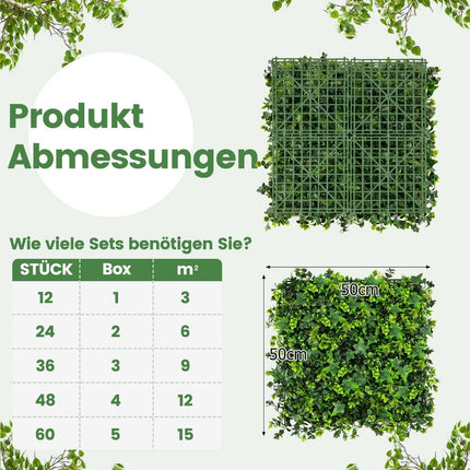 Pack of 12 Artificial Hedge Plant Wall 50.5 x 50.5 cm UV Protected Mixed Leaves