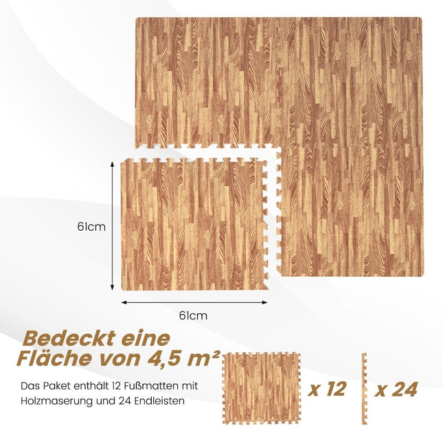 12er Pack Schutzmatten aus Eva mit Holzmaserung Puzzlematte zum Bodenschutz 61 x 61 cm Natur