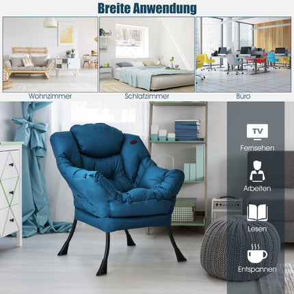 Padded Armchair with Side Pocket, Blue Polyester Fabric