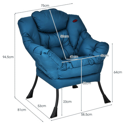 Padded Armchair with Side Pocket, Blue Polyester Fabric