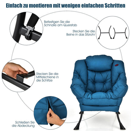 Padded Armchair with Side Pocket, Blue Polyester Fabric