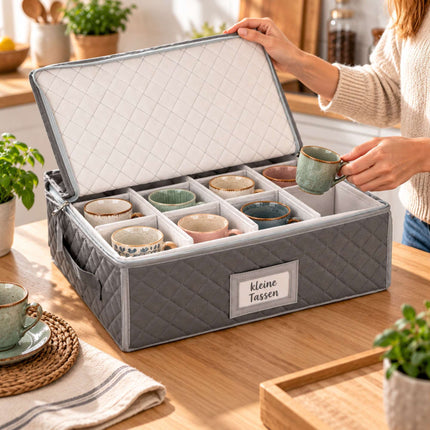 Padded Cup Storage Boxes with Dividers, Set of 2, Grey, 15.5 x 40.5 x 33 cm